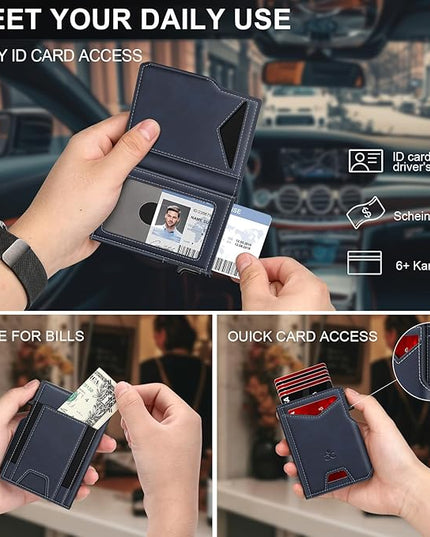 Wallet for Men Wallet with Slim Pop Up Card Holder 9-13 Cards, Bifold Minimalist Smart Wallet RFID Blocking Credit Card Holder with ID Window & Stretchable Cash Slot Compact Metal Aluminum Card Case
