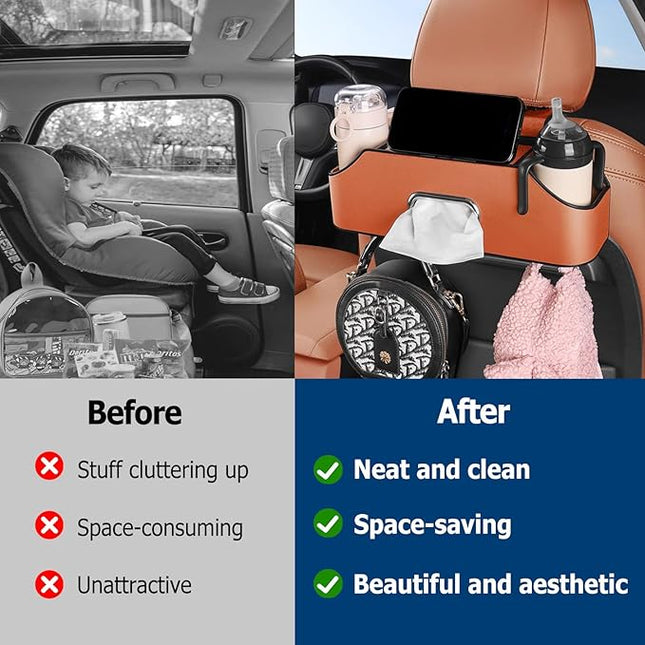 Multifunctional Car Back Seat Storage Organize, 2026 Upgrade 3-in-1 Car Backseat Organizer with Cup Holder, Tissue Box, Trash Bin & Hooks, for Hold Phones, Snacks, Drinks, and Handbags (Red)