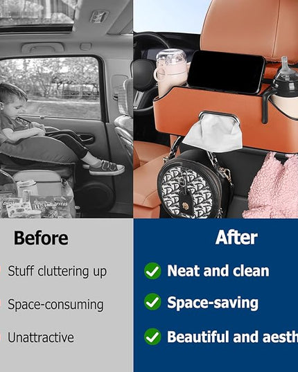 Multifunctional Car Back Seat Storage Organize, 2026 Upgrade 3-in-1 Car Backseat Organizer with Cup Holder, Tissue Box, Trash Bin & Hooks, for Hold Phones, Snacks, Drinks, and Handbags (Beige)