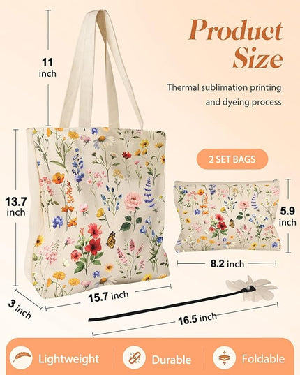 Aesthetic 2 Pack Canvas Tote Bag - with Makeup Pouch Bag for Women Reusable Grocery Bag for Gym, Travel, Work