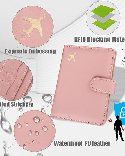 GOAUS Passport Holder for Travel with AirTag Slot Cards Cash Pocket, Faux Leather Travle Wallet Gifts for Women Men RFID Blocking Book Case Pink, AirTag Not Included