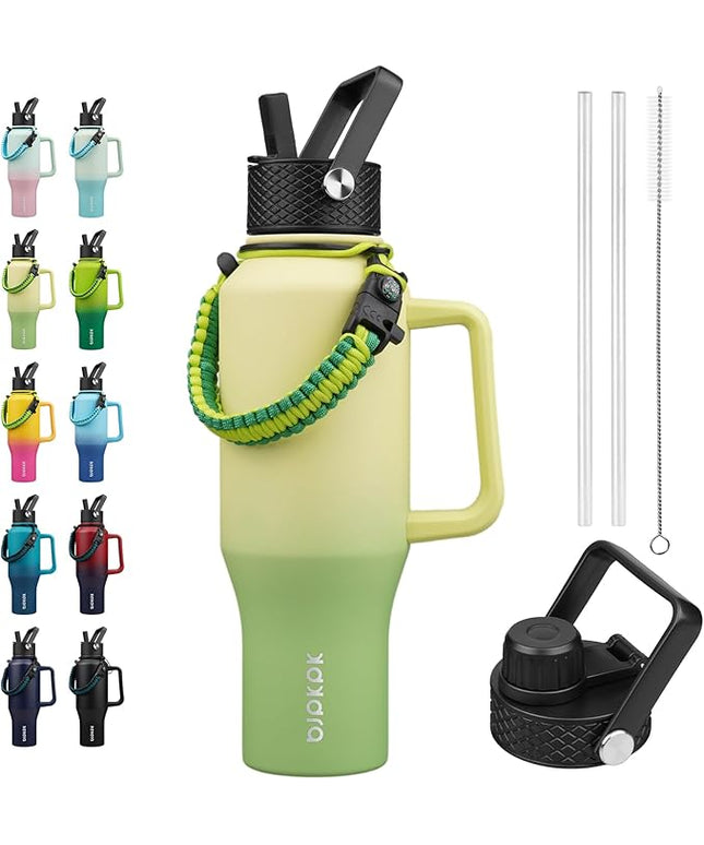 BJPKPK Insulated Water Bottles with Straw Lid, 35oz Metal Water Bottle with 2 lids & Paracord Strap, Double Wall Stainless Steel Tumbler with Handle, Reusable Cups, Mugs, Thermo, Fresh Green