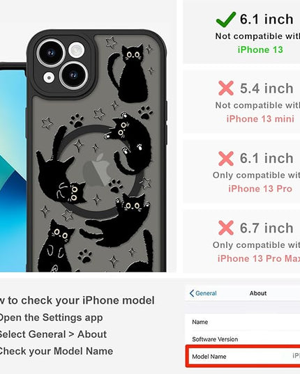 Cute Magnetic Case for iPhone 13 Case [ Compatible with MagSafe ] with Black Cat Cats Pattern Design for Women Girls Boys, Soft Bumper Hard Back Kawaii Animal Protective Phone Cover