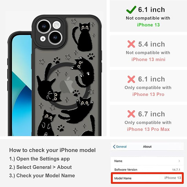 Cute Magnetic Case for iPhone 13 Case [ Compatible with MagSafe ] with Black Cat Cats Pattern Design for Women Girls Boys, Soft Bumper Hard Back Kawaii Animal Protective Phone Cover