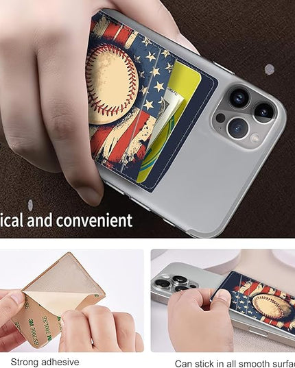 Phone Card Holder, Dual Pocket Leather Wallet Adhesive Stick On, Cute Credit Card Holder for Smartphones Case Compatible with Most Phone（American flag baseball）