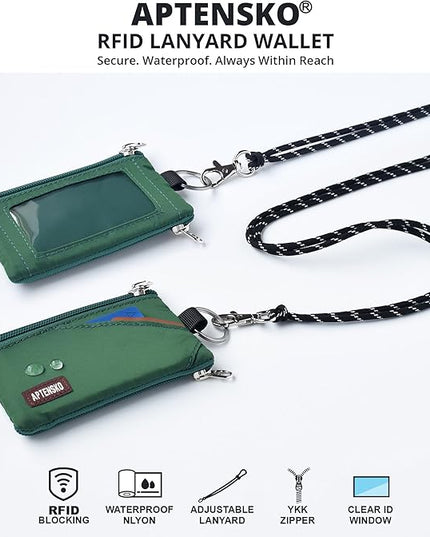 RFID Travel Wallet with Adjustable Lanyard-Zipper Small Wallet with ID Card Holder, Keychain for women&men-Minimalist Slim Waterproof Nylon case for ID, Cash, Key (Forest Green)