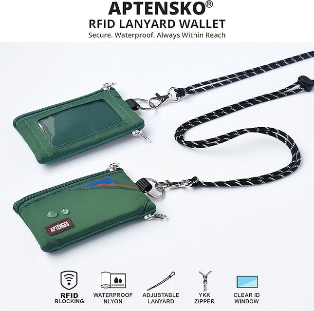 RFID Travel Wallet with Adjustable Lanyard-Zipper Small Wallet with ID Card Holder, Keychain for women&men-Minimalist Slim Waterproof Nylon case for ID, Cash, Key (Forest Green)