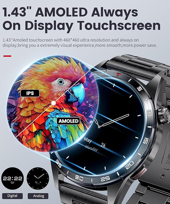 Smart Watch for Men (3 Straps),Answer/Make Calls,1.43'' AMOLED,IP68 Waterproof,110+ Sports Modes Fitness Watch with Sleep Monitor/SpO2/Heart Rate/Pedometer Rugged Outdoor Smart watch for Android/iOS