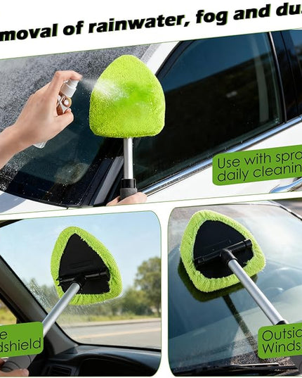 7PCS Windshield Cleaner Tool, Car Windshield Cleaner Tool+Side Mirror Squeegee +3 Microfiber Pads+100ml Spray Bottle+1 Detailing Brush,12-19inches Extendable Handle,180° Rotation