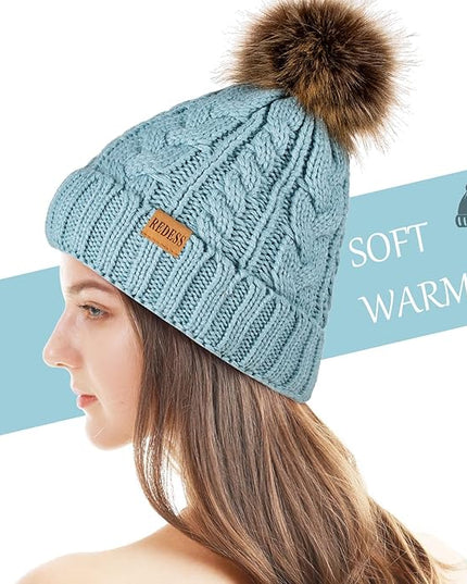 REDESS Women Winter Pompom Beanie Hat with Warm Fleece Lined, Thick Slouchy Snow Knit Skull Ski Cap