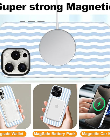 Magnetic for iPhone 13 Pro Case Cute Wavy Stripes Phone Case, Shockproof Slim TPU and Hard PC Protective Phone Cover Compatible with MagSafe Designed for Women Girls, Blue