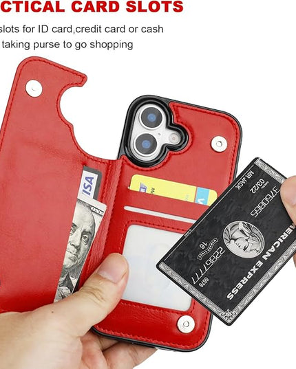 ONETOP Compatible with iPhone 17 Wallet Case with Card Holder, PU Leather Kickstand Card Slots Case, Double Magnetic Clasp and Durable Shockproof Cover 6.3 Inch (Red)