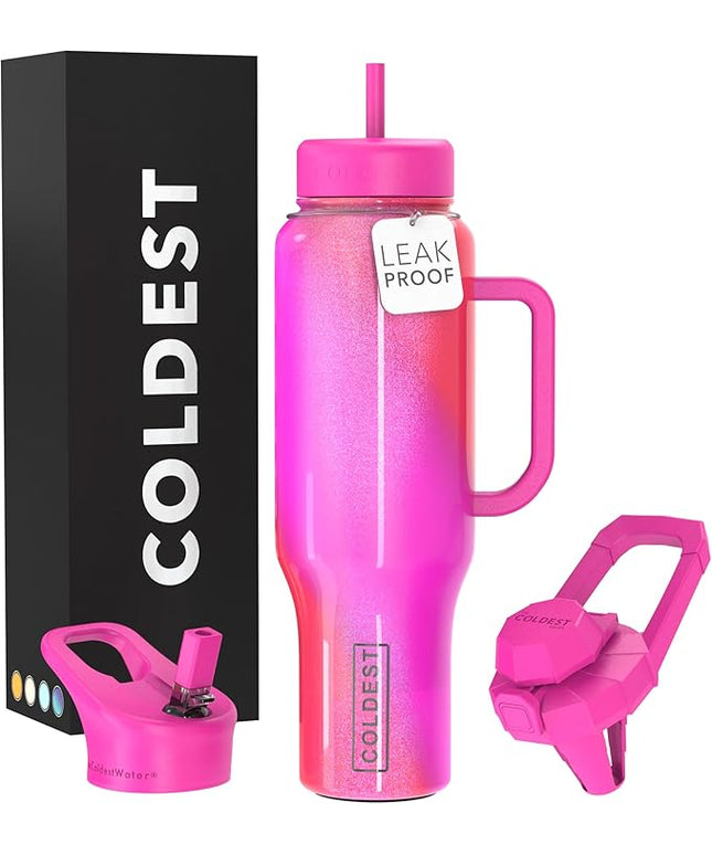 Coldest Tumbler with Handle and Straw, 100% Spill Proof Tumbler with Straw (3 Lids), Stainless Steel Insulated Leakproof Tumblers for Women Men, Cup Holder Friendly, 46 oz (Kissed Dream)