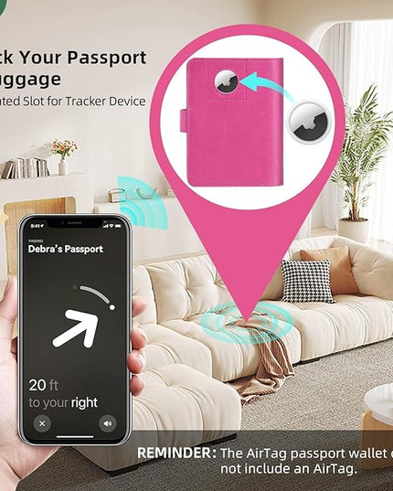 Passport Holder for Travel Family with Slot for AirTag & Luggage Tag Cover, – RFID Blocking Passport Wallet for Women & Girl | PU Leather Passport Cover Case with Money Pocket – Pink