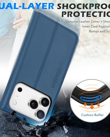 SHIELDON Real Leather Case Walllet for iPhone 17 Pro 6.3-inch 2025 | Foldable Magnetic Closure | RFID Blocking Credit Card Holder | Kickstand | Shockproof Protective Cover | Royal Blue