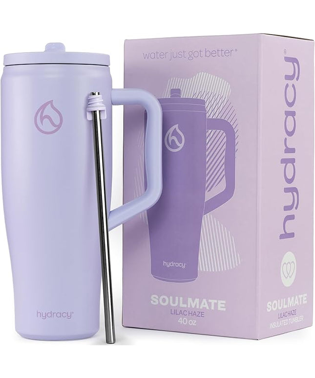 Hydracy Soulmate 40oz Tumbler with Handle and Flip Straw - 100% Leakproof Reusable Insulated Cup with Stainless Steel Straw - Cupholder Friendly Rubber Base Travel Mug - Lilac Haze