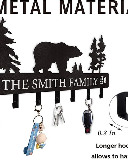 Dyoart Personalized Key Holder for Wall, Custom Metal Black Bear Coat Hook Key Holder with Name, Metal Key Rack Hanger Organizer for Entryway, Front Door, Hallway, Kitchen, Office Decor