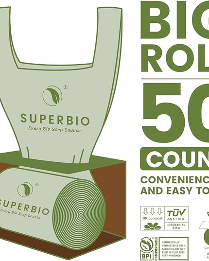 SUPERBIO 1.6 Gallon Handle Tie Compostable Food Scrap Bags For Counter Top Compost Bin, Small Compost Bags, 50 Count, 6 Liter, BPI & OK compost INDUSTRIAL Certified