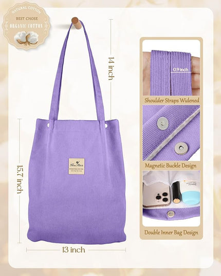 Aesthetic 2 Pack Corduroy Tote Bag - with Makeup Pouch Bag for Women Reusable Grocery Bag for Gym, Travel, Work