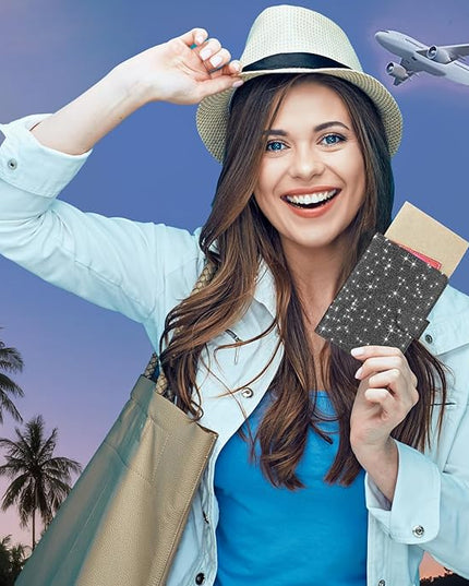HOTCOOL Passport Holder Travel Essentials Airplane & Cruise Essentials Ship Leather Wallet Cover Case RFID Blocking Women & Men Vacation Travel Accessories Gifts Deals, Glitter - Black