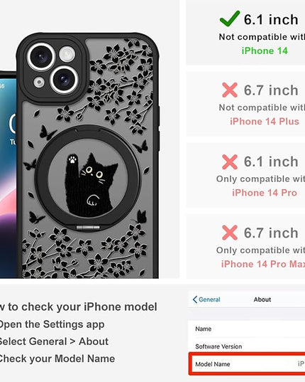 Cute Case for iPhone 14 Case with Stand [ Compatible with MagSafe ] Kawaii Black Cat & Floral & Butterflies Pattern Design 360 Magnetic Ring Kickstand Phone Cover for Women Girls Boys