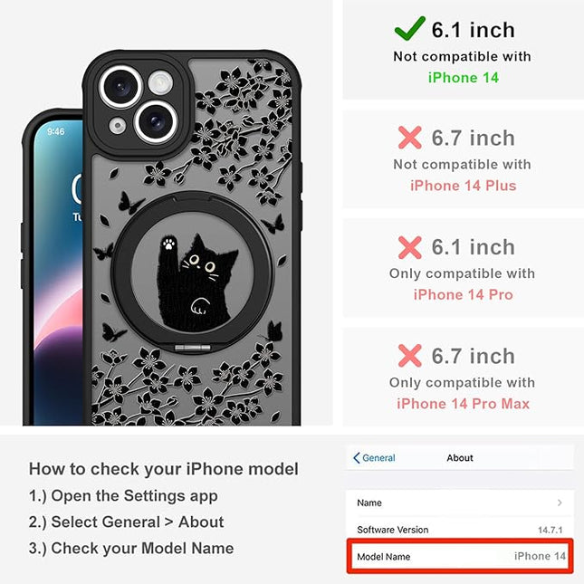 Cute Case for iPhone 14 Case with Stand [ Compatible with MagSafe ] Kawaii Black Cat & Floral & Butterflies Pattern Design 360 Magnetic Ring Kickstand Phone Cover for Women Girls Boys