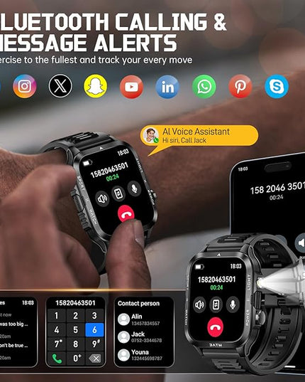 Military Smart Watches for Men (Answer/Make Calls) with Powerful Flashlight 1.96" HD, Outdoor Tactical Smartwatch with Big Battery 880mAh Sport Modes Health Monitor 3ATM for iPhone/Android (Black)