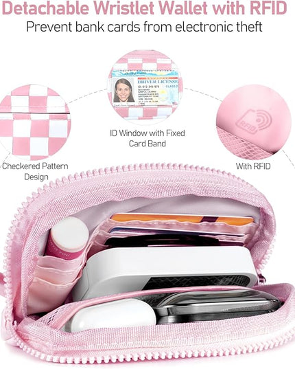 Clip and Go Strap for Phone with Wallet Crossbody Phone Lanyard and Detachable Checkered Bag with ID Window and RFID Pouch for Daily Travel.