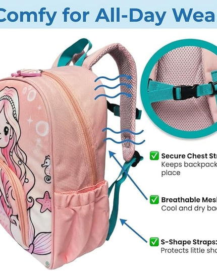 Kids Backpack for Boys and Girls, Kindergarten School Bag with Chest Strap (Pink Mermaid, 14 Inch)