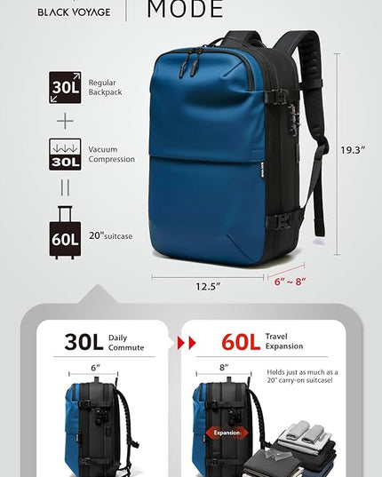 BlackVoyage Vortex Vacuum Seal Travel Backpack 60L Expandable Air Compression System Water Resistant TSA Lock Carry-On Suitcase Luggage Blue AERO - Vacuum Pump Included
