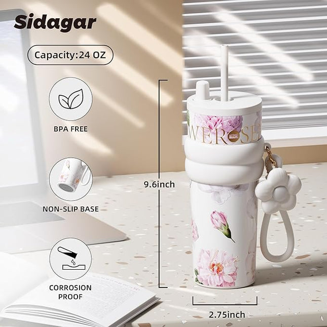 24 oz Stainless Steel Tumbler with Lid and Straw, Insulated Coffee Mug, Leak Proof, Portable Iced Travel Water Bottle, Reusable Thermal Coffee Cup, Floral White