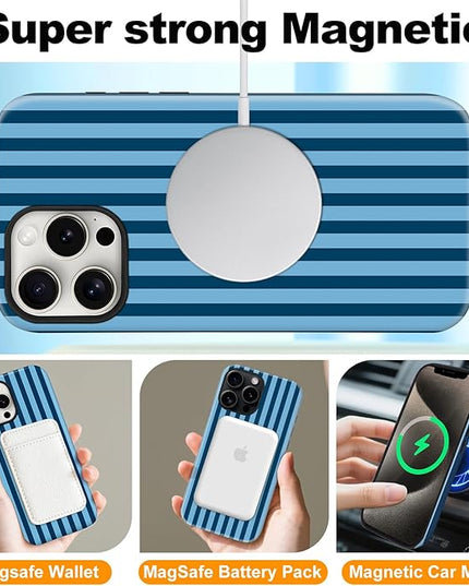 Magnetic for iPhone 16 Case Cute Stripes Phone Case, Shockproof Slim TPU and Hard PC Protective Phone Cover Compatible with MagSafe Designed for Women Girls, Lake Blue