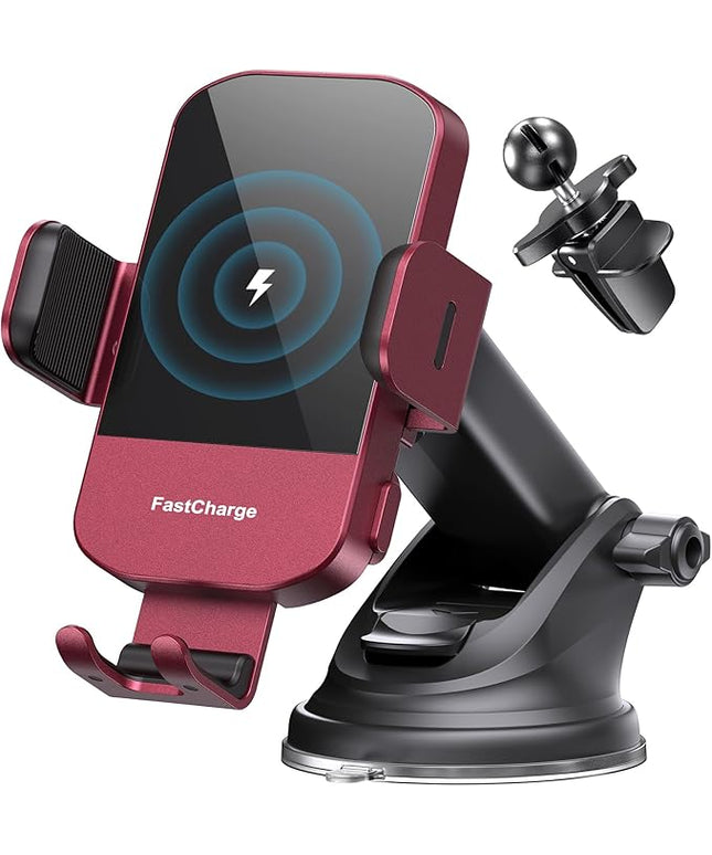 CHGeek 15W Fast Charging Auto Clamping Car Charger Phone Mount Phone Holder (Red)