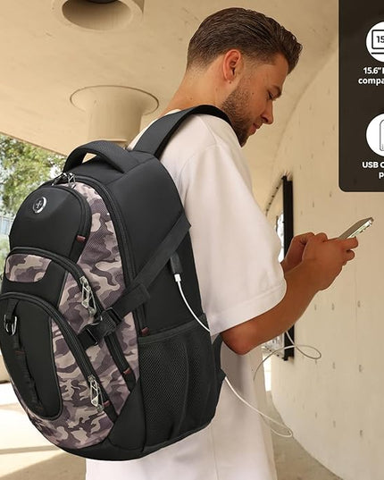 Swissdigital Design Laptop Backpack with USB Charging Port, Travel Backpack Fits 15.6 inches Computer, 31L College School Backpack for Men, Khaki Camo | SD803-94