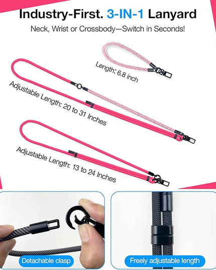Phone Lanyard Crossbody, 3-in-1 Neck Strap& Wrist Strap, Adjustable Anti-Theft Lanyard with 2 Phone Tether Tabs, Universal Cell Phone Strap for All Case,Travel Essential, Pink
