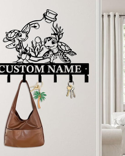 Casebrick Custom Sea Turtle Metal Wall Hooks,Key Holder-Personalized Iron Wall Decor for Keys, Coats & Home Organization (Black, Handmade,Decorative for Entryway, Beach,Bedroom,Office) (Style F)