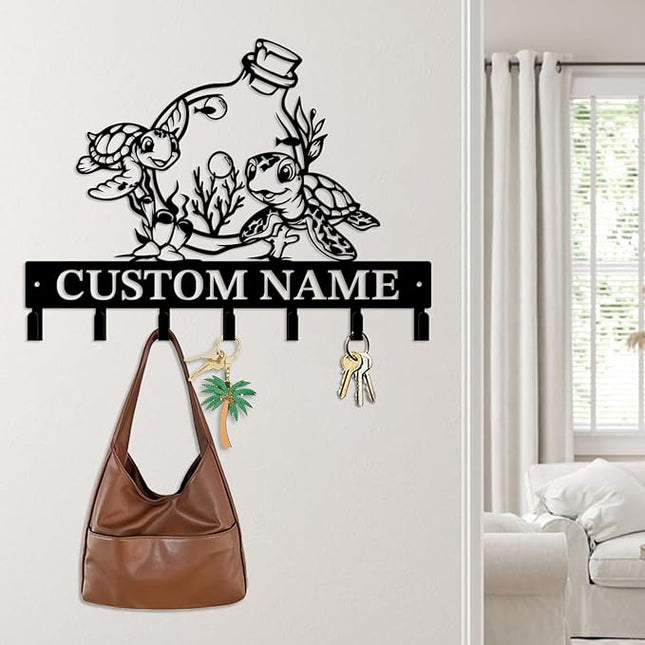 Casebrick Custom Sea Turtle Metal Wall Hooks,Key Holder-Personalized Iron Wall Decor for Keys, Coats & Home Organization (Black, Handmade,Decorative for Entryway, Beach,Bedroom,Office) (Style F)