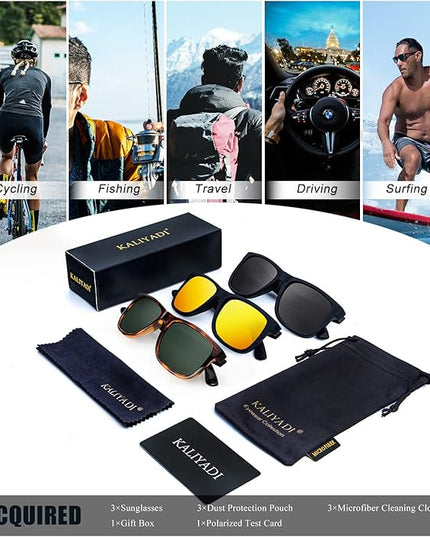 KALIYADI Sunglasses Men Polarized Sun glasses for Mens Womens Classic Matte Black Frame UV Protection 3pack