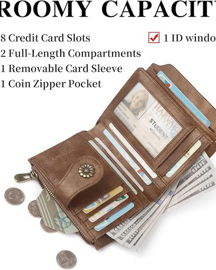 Blucoay Womens Wallet,RFID Blocking Wallet Women Soft Leather Bifold Wallets For Women Card Holder With Removable ID Window redbrown