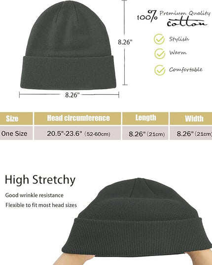100% Cotton Beanie Hat- Unisex Ultra Soft Winter Warm Stretch Knit Cuffed Hats Fisherman Beanies Skull Cap