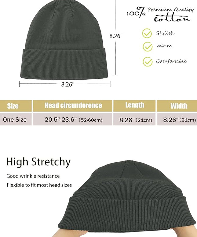 100% Cotton Beanie Hat- Unisex Ultra Soft Winter Warm Stretch Knit Cuffed Hats Fisherman Beanies Skull Cap