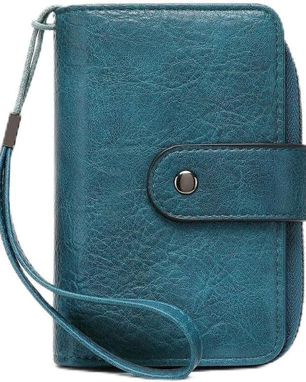 Genuine Leather Women's Wallet with Large Capacity Double Zip Around Design RFID Blocking Credit Card Holder and Wristlet Purse Black (Peacock Blue)
