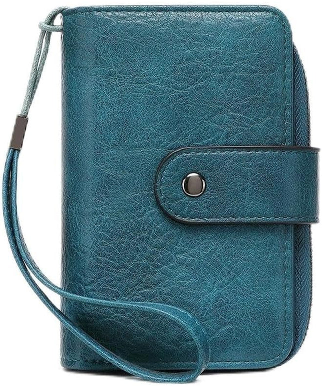 Genuine Leather Women's Wallet with Large Capacity Double Zip Around Design RFID Blocking Credit Card Holder and Wristlet Purse Black (Peacock Blue)