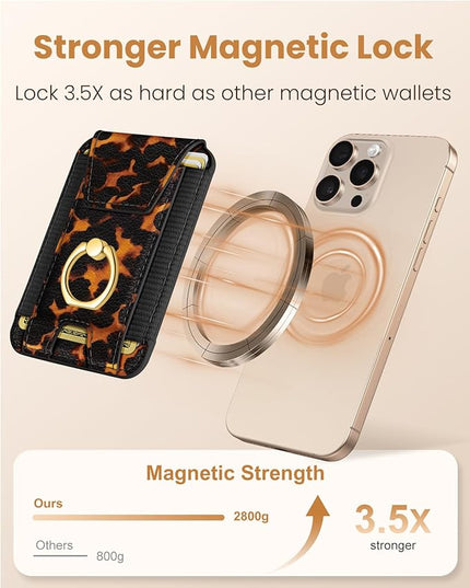 Shorogyt Compatible with Magsafe Wallet with Ring Grip Magnetic Card Holder - Cute Phone Wallets with Stand for iPhone 17/16/15/14/13/12 Series for Women Girls Brown Leopard Design, Fit 7 Cards