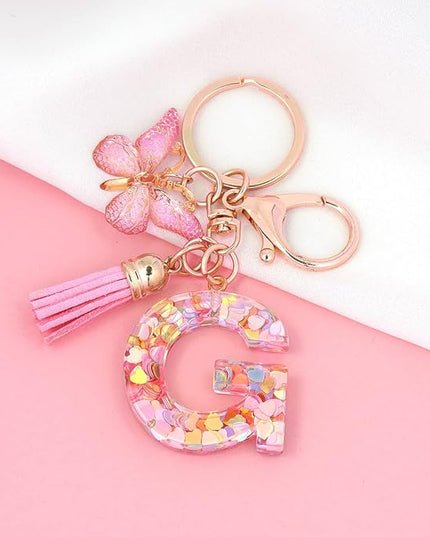 Fashion Alphabet Initial Letter Keychain Tassel Butterfly Pendant Key Ring for Purse Handbags Women Girl