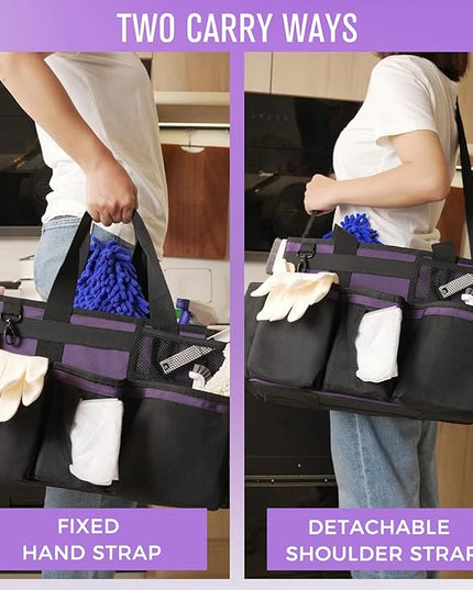 Wearable Cleaning Caddy, Cleaning Caddy Supplies Organizer with Handle & Shoulder Straps for Housekeepers, Under Sink & Car Cleaning Tool Organizers Bag with 4 Foldable Divider (Purple)