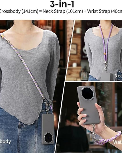 Besnfoto Phone Lanyard Crossbody Phone Strap 3-IN-1 Neck and Wrist strap for Cell Phone 360°Universal Metal Buckles and Tabs