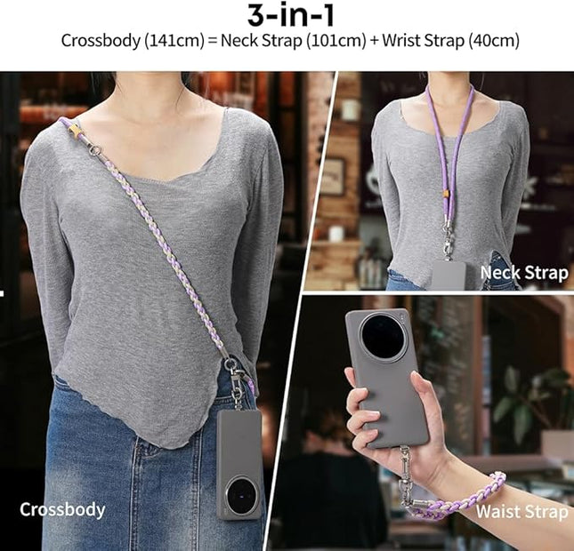 Besnfoto Phone Lanyard Crossbody Phone Strap 3-IN-1 Neck and Wrist strap for Cell Phone 360°Universal Metal Buckles and Tabs