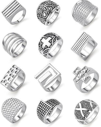 KISS WIFE Cool Rings Set for Women, Vintage Silver Punk Rings Bulk, Gothic Chunky Knuckle Emo Stackable Finger Ring Pack Western Jewelry Gift for Her