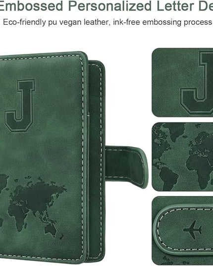 Personalized J Passport Holder Cover Initial Letter Travel Wallet RFID Blocking Passport Cover Credit Card Holder Case Passport Book Holders for Women and Men, Pine Green-J